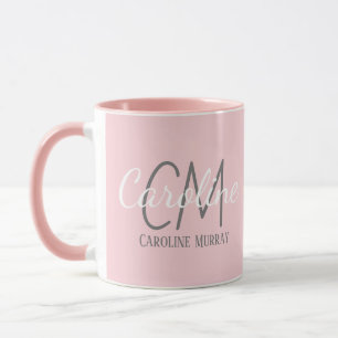 Caneca Nome do Monograma Personalizado Cor-de-Rosa Branco