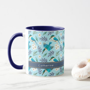 Caneca Nome do Padrão Floral das Aves do Kingfisher Azul