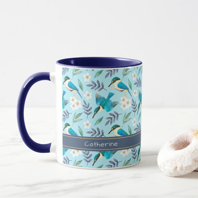 Caneca Nome do Padrão Floral das Aves do Kingfisher Azul- (Com Donut)