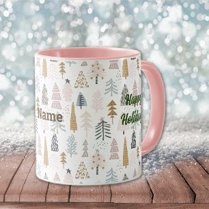 Caneca Nome em Felizes Feriados Árvores de inverno 11oz. 