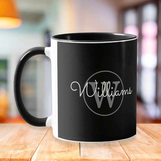 Caneca Nome em Script Monograma Elegante Preto e Cinza (Criador carregado)