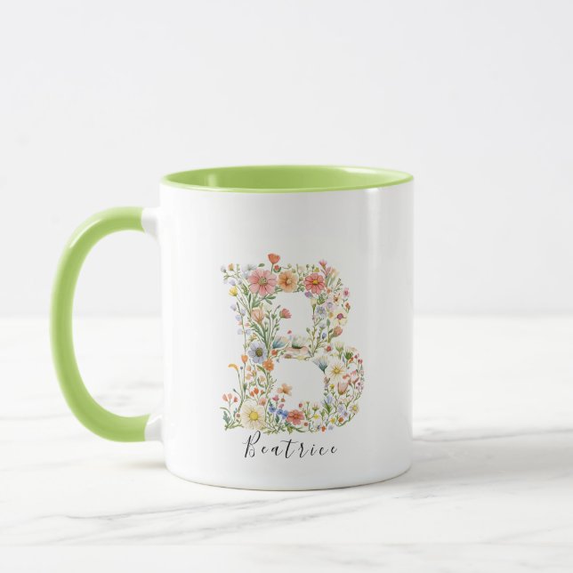 Caneca Nome Floral de Aquarela e Letra B Monograma (Esquerda)