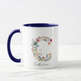 Caneca Nome Floral de Aquarela e Letra C Monograma