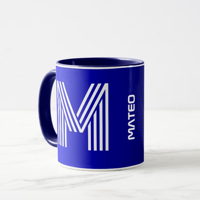 Caneca & Nome inicial moderno | Monograma preto azul únic (Frente Esquerda)