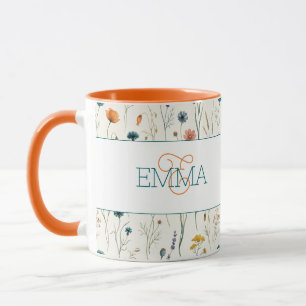 Caneca Nome Monograma Boho Padrão de Flor Silvestre Laran
