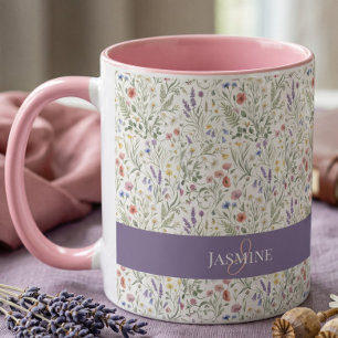 Caneca Nome Monograma Boho Padrão Flor Silvestre Lavanda