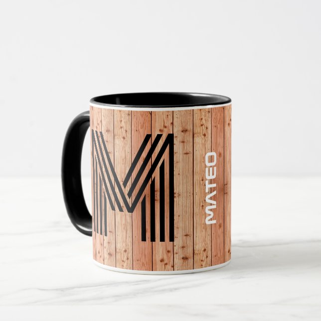 Caneca Nome, Monograma (Estilo De Madeira) Café Cerâmico  (Frente Esquerda)