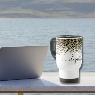 Caneca Nome Monograma Preto Dourado Estampa Leopardo Chic
