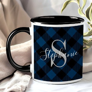 Caneca Nome Monograma Rústico em Xadrez Azul Marinho de B