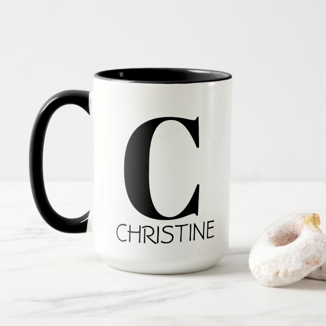 Caneca Nome Monograma Simples Elegante Preto e Branco (Com Donut)