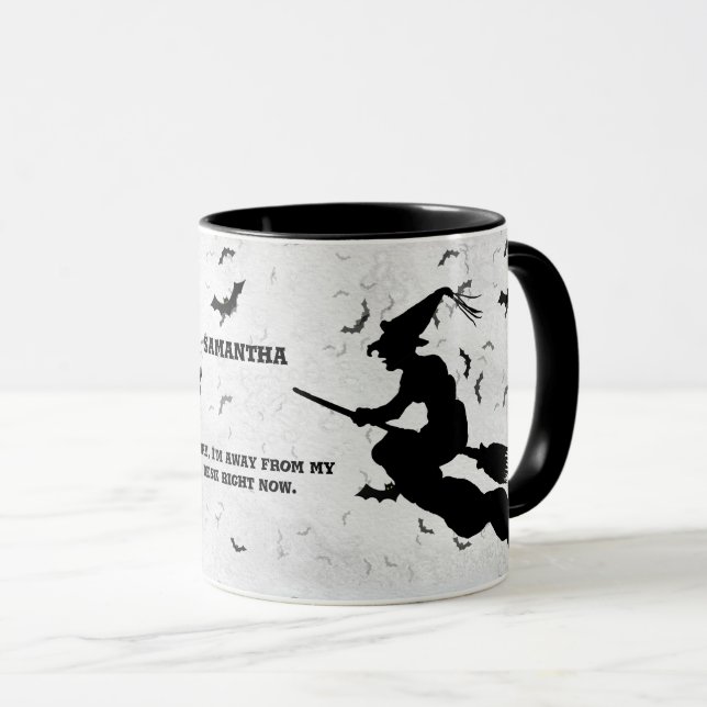 Caneca Nome & Msg.  Bruxa do Halloween - Preto e Branco (Frente Esquerda)