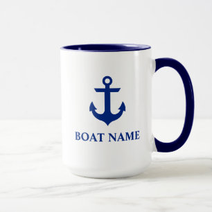 Caneca Nome Náutico do Barco Âncora Grande Azul e Branco