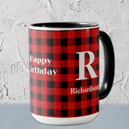 Caneca Nome no Red & Black Buffalo Check, Feliz Aniversár