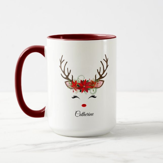 Caneca Nome Personalizado da Reinador de Natal Floral (Esquerda)