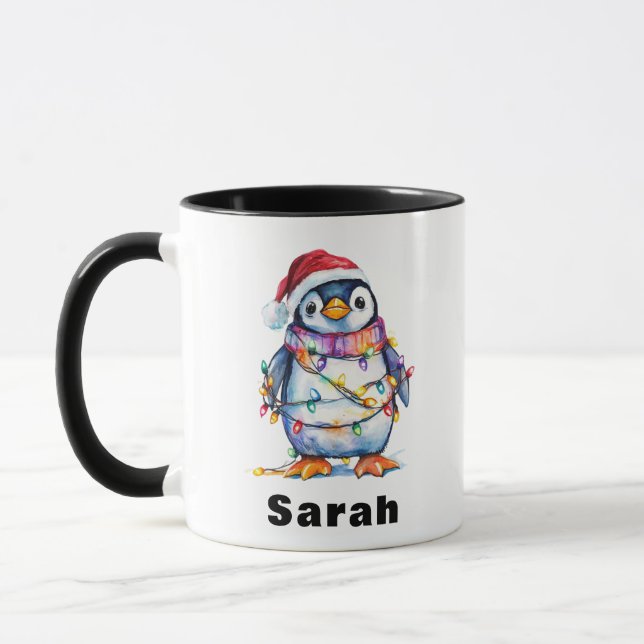 Caneca Nome Personalizado das Luzes de Natal do Pinguim P (Esquerda)
