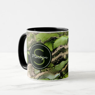 Caneca Nome Personalizado de Abstrato Dourado Preto Verde