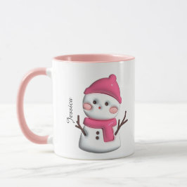 Caneca Nome Personalizado de Bonito Snowman Rosa