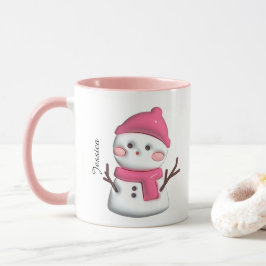 Caneca Nome Personalizado de Bonito Snowman Rosa