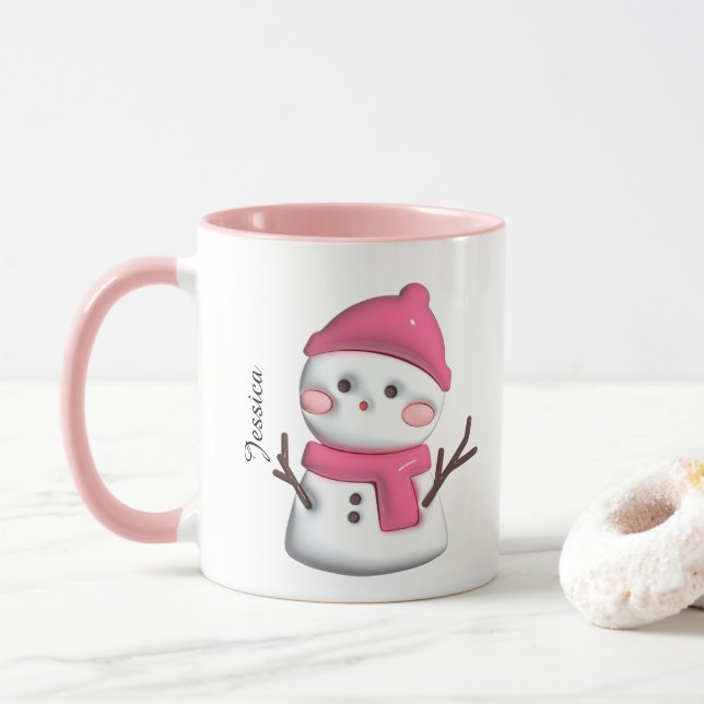 Caneca Nome Personalizado de Bonito Snowman Rosa (Com Donut)