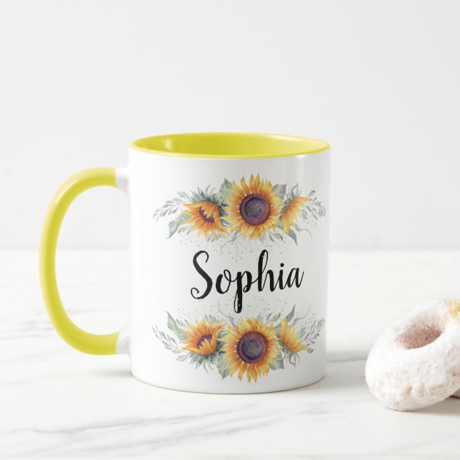 Caneca Nome Personalizado de Girassol (Com Donut)