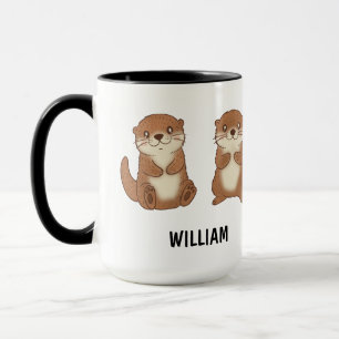 Caneca Nome Personalizado Desenhado à Mão Lontras Fofas C