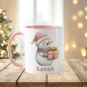 Caneca Nome Personalizado do Boneco de Neve Rosa de Natal