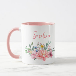 Caneca Nome Personalizado do Buquê Floral Rosa primavera