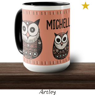 Caneca Nome Personalizado do Coruja de Arte Folk Rosa