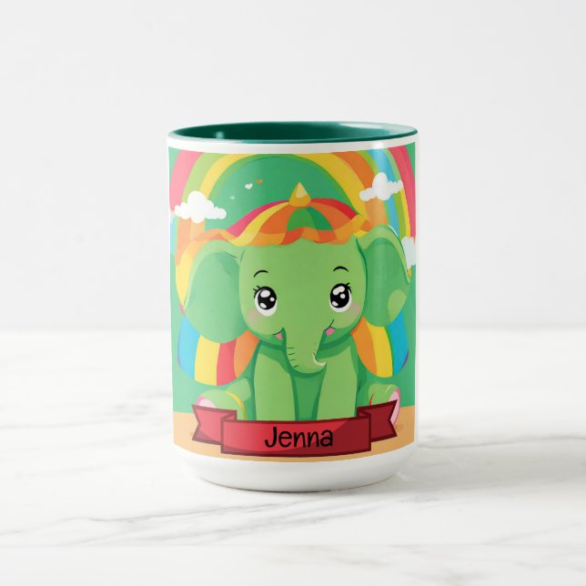 Caneca Nome Personalizado do Elefante do Bebê Verde Basta (Centro)