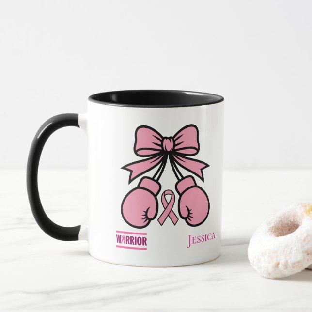 Caneca Nome Personalizado do Guerreiro do Cancer de Mama  (Com Donut)