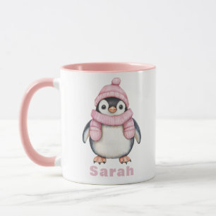 Caneca Nome Personalizado do Pinguin de Chapéu Rosa Perso