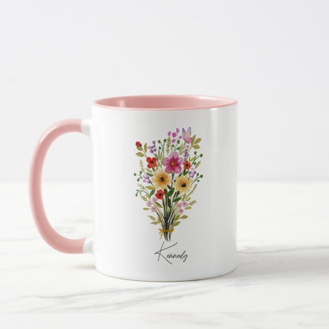Caneca Nome Personalizado Flor Floral Rosa (Esquerda)