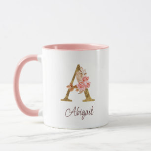 Caneca Nome Personalizado Folha de Ouro Blush Rosas Rosa