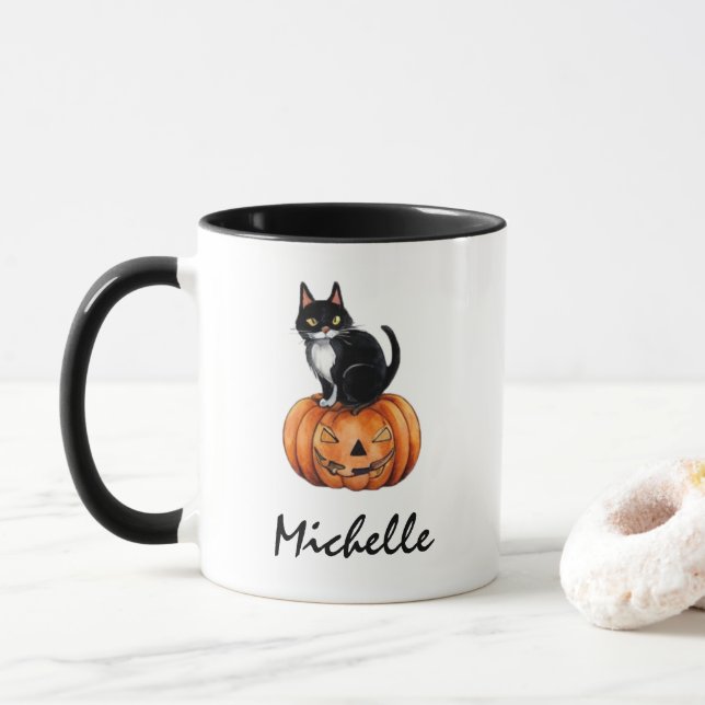Caneca Nome Personalizado Gato Preto e Abóbora Halloween (Com Donut)