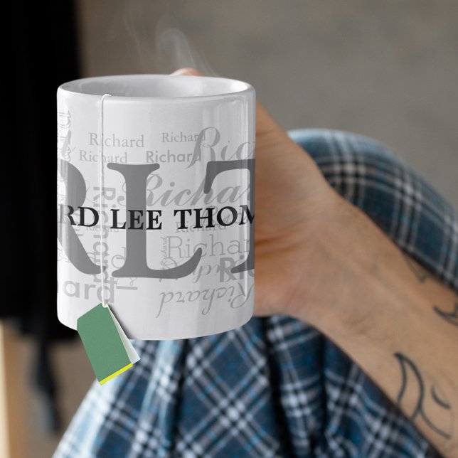 Caneca nome personalizado + iniciais preto monograma pers (modern monogram)