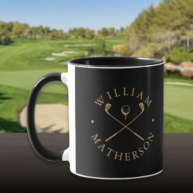 Caneca Nome Personalizado Moderno Golf Clubs Preto E Dour (Modern Personalized Name Golf Clubs Black And Gold Mug)