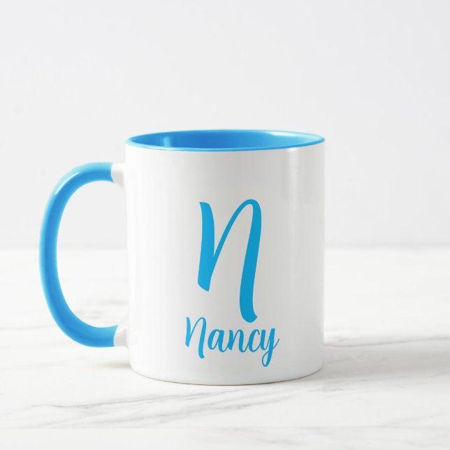 Caneca Nome Personalizado Monograma Tipografia Azul Elega (Esquerda)