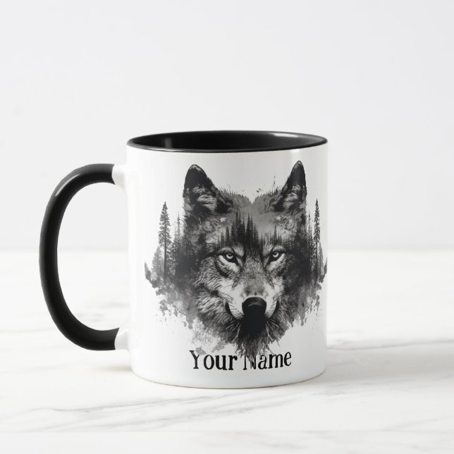 Caneca Nome personalizado ou Wolf de texto aquarela anima (Esquerda)
