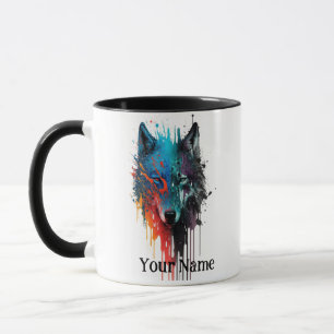 Caneca Nome personalizado ou Wolf de texto aquarela anima