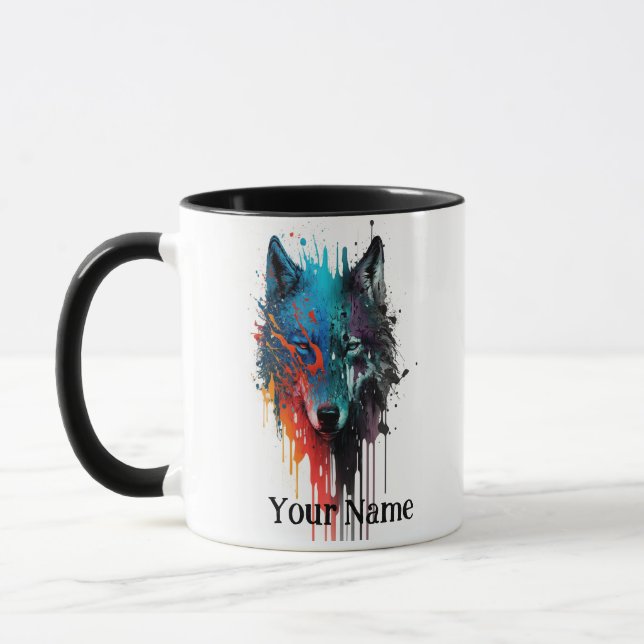 Caneca Nome personalizado ou Wolf de texto aquarela anima (Esquerda)