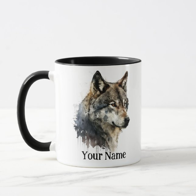 Caneca Nome personalizado ou Wolf de texto aquarela anima (Esquerda)