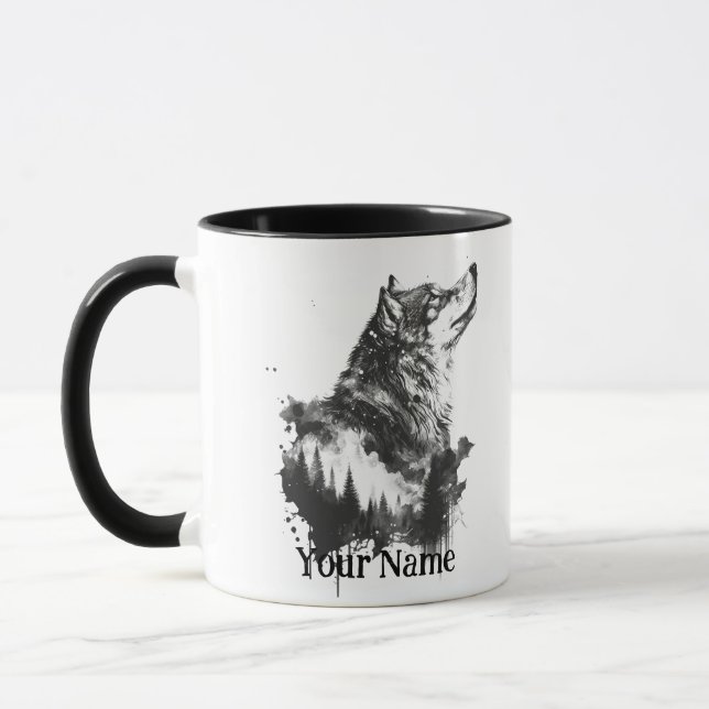 Caneca Nome personalizado ou Wolf de texto aquarela anima (Esquerda)