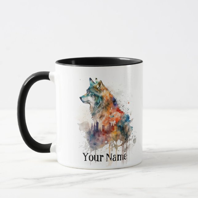 Caneca Nome personalizado ou Wolf de texto aquarela anima (Esquerda)