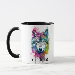 Caneca Nome personalizado ou Wolf de texto aquarela anima