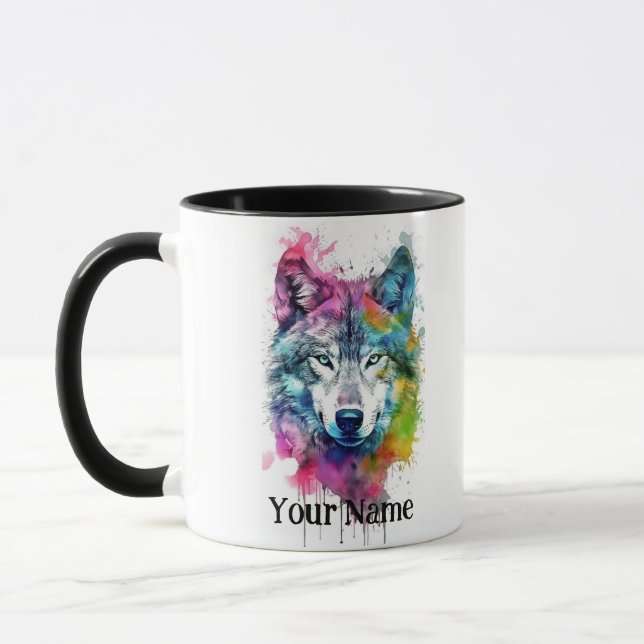 Caneca Nome personalizado ou Wolf de texto aquarela anima (Esquerda)
