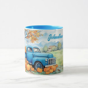 Caneca Nome Personalizado Outono Antiga Picape e Abóboras
