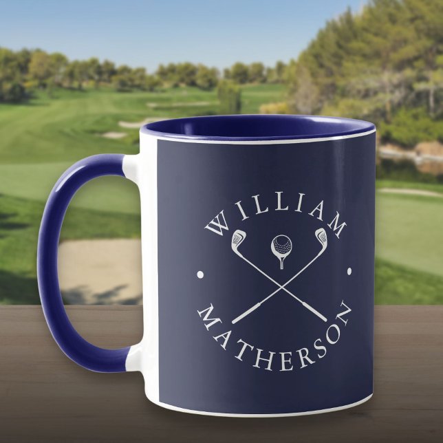 Caneca Nome Personalizado Pilhas de Golfe Marinho Azul E  (Personalized Name Golf Clubs Navy Blue And White Mug)