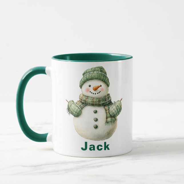 Caneca Nome Personalizado Snowman Green Hat (Esquerda)