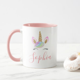 Caneca Nome personalizado Unicorn Cabeça de Cute Pastel R