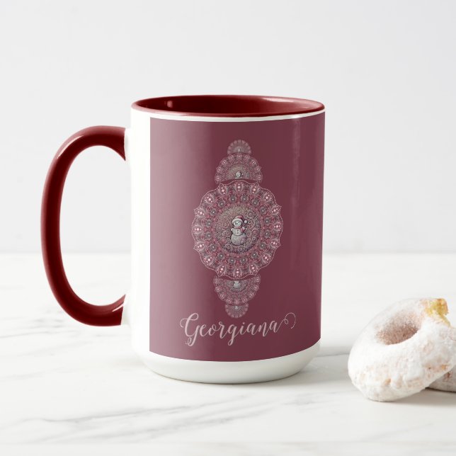 Caneca Nome Personalizado Whimsical Snowman Mandala Ornam (Com Donut)
